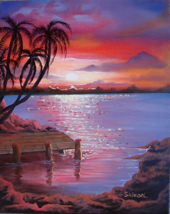 sunset on beach. Beach Sunset Painting - Beach