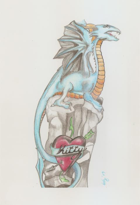Dragon Tattoo Drawing by Holly Paino. Tags: dragon drawings, heart drawings, 