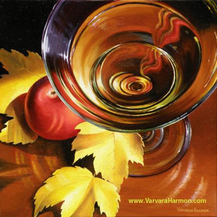Glass of Wine with an Apple Painting by Varvara Harmon