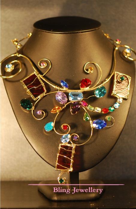 Multi Coloured Wire Sculpture Art Glass Necklace Jewelry by Janine Antulov