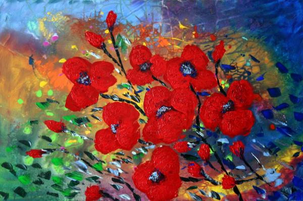 RED FLOWERS in the RAIN Painting by Luiza Vizoli. Tags: flowers