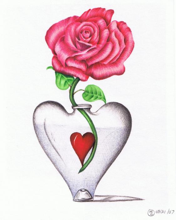 cool love heart drawings. Rose In Heart Vase Drawing