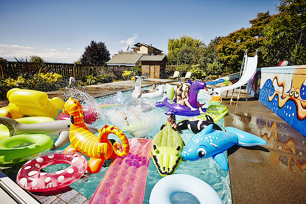 Friends having a pool party with inflatable toys Photograph by Thomas Barwick