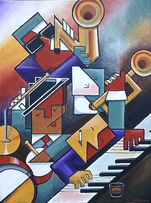 Cubist Jazz And A Real Shot Of Whiskey Painting by Bob Gregory