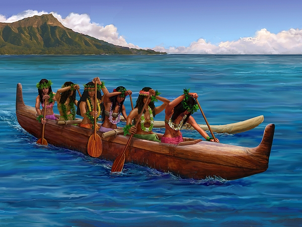 Wahine Hawaiian Canoe Paddlers Painting by Stephen Jorgensen