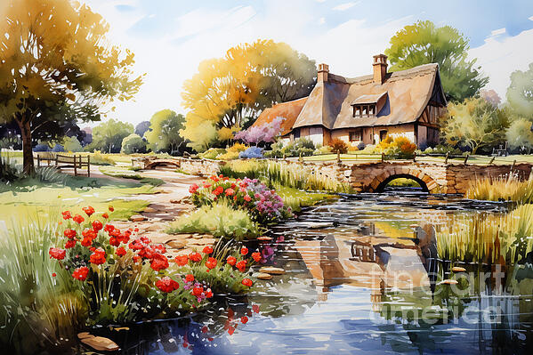 Flower Painting - 4d watercolour sketch of a thatched Cotswolds by Asar Studios #1 by Celestial Images
