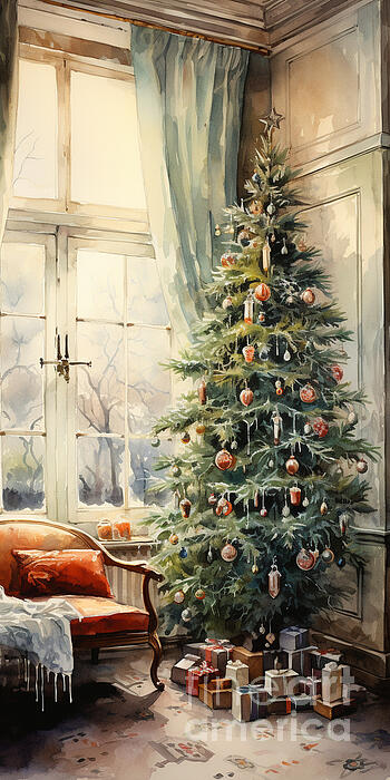 3d watercolor painting living room with christm by Asar Studios #2  by Celestial Images
