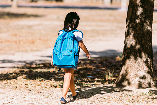 A black-haired girl with a blue backpack, turned her back, walks through a park in the direction of school. Concept of education and back to school. Photograph by DBenitostock A black-haired girl with a blue backpack, turned her back, walks through a park in the direction of school. Concept of education and back to school. Photograph by DBenitostock