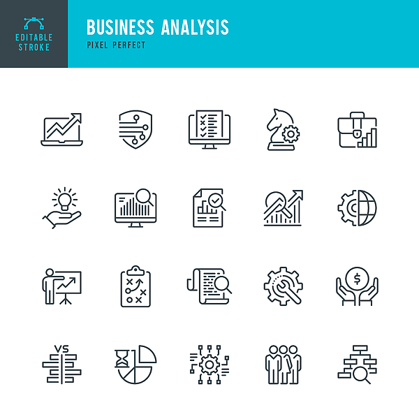 Business Analysis - thin line vector icon set. Pixel perfect. Editable stroke. The set contains icons: Business Strategy, Big Data, Solution, Briefcase, Research, Data Mining, Accountancy. Drawing by Fonikum Business Analysis - thin line vector icon set. Pixel perfect. Editable stroke. The set contains icons: Business Strategy, Big Data, Solution, Briefcase, Research, Data Mining, Accountancy. Drawing by Fonikum