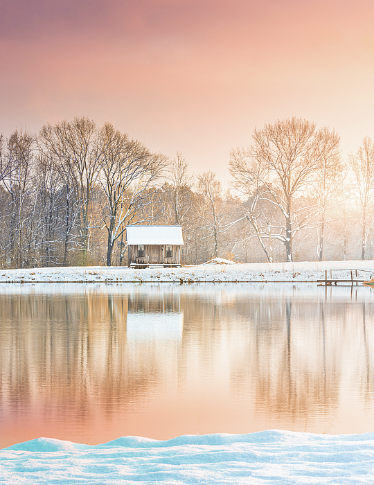 Cabin By The Lake In Winter Photograph by Jordan Hill