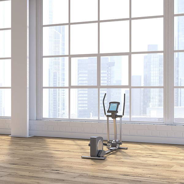 Crosstrainer in a loft with view to skyline, D Rendering Drawing by Westend61 Crosstrainer in a loft with view to skyline, D Rendering Drawing by Westend61