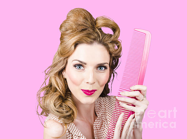 Vintage Photograph - Cute retro female hairdresser with big hair comb by Jorgo Photography