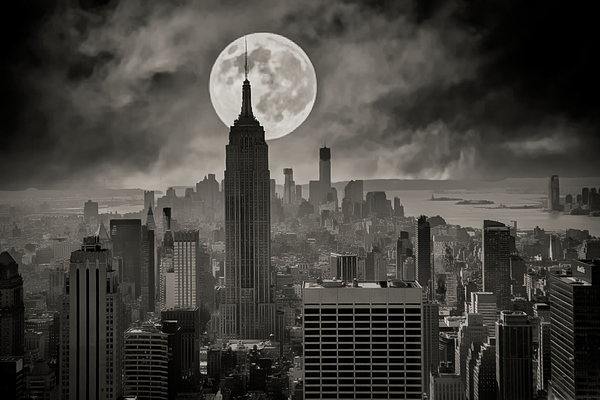 Full Moon Empire State Building NYC  Mixed Media by Chuck Kuhn