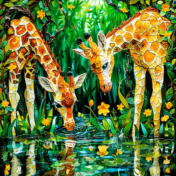 Sykart Designs - Giraffe Drinking Water - Giraffes Relative