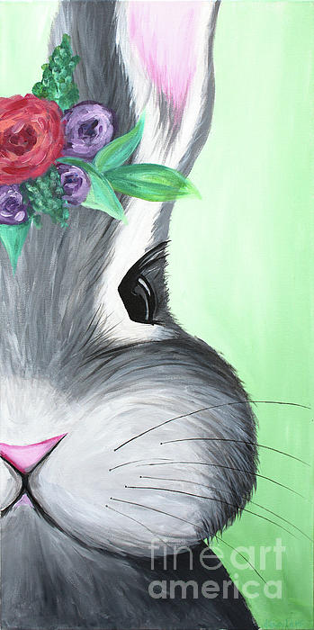Grey Easter Bunny with Flowers Painting by Ashley Lane