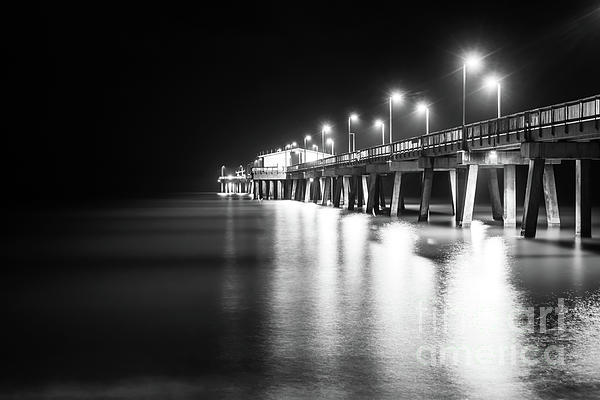 Gulf Shores Pier at Night Black and White Photo Photograph by Paul Velgos