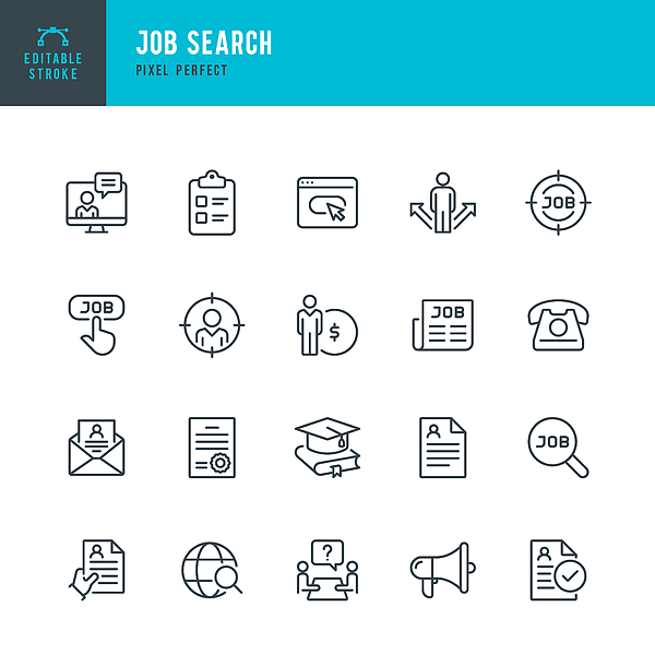 Job Search - thin line vector icon set. Pixel perfect. Editable stroke. The set contains icons: Job Search, Job Listing, Job Interview, Diploma, Education, Application Form, Web Page, Resume, Wages. Drawing by Fonikum Job Search - thin line vector icon set. Pixel perfect. Editable stroke. The set contains icons: Job Search, Job Listing, Job Interview, Diploma, Education, Application Form, Web Page, Resume, Wages. Drawing by Fonikum
