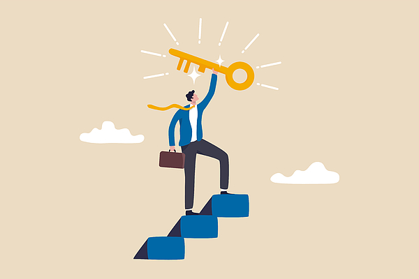 Key to business success, stairway to find secret key or achieve career target concept, businessman winner walk up to top of stairway lifting golden success key to the sky. Drawing by Nuthawut Somsuk