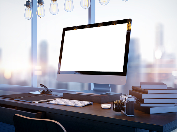Mock up of generic design computer screen and blured city. 3D rendering Photograph by Sfio Cracho Mock up of generic design computer screen and blured city. 3D rendering Photograph by Sfio Cracho