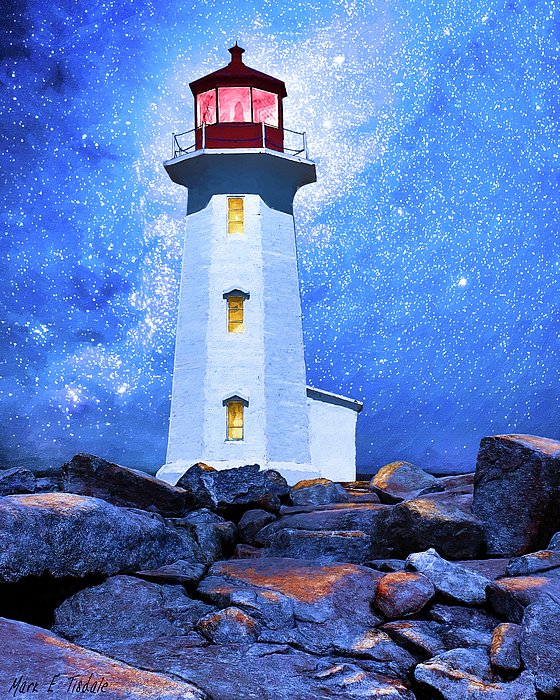 Peggys Cove Lighthouse - Nova Scotia - Night Sky Mixed Media by Mark Tisdale