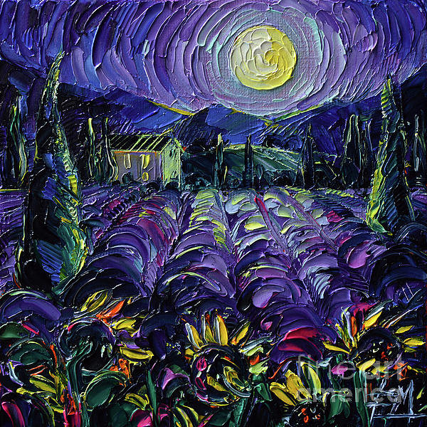 PROVENCE LAVENDER IN MOONLIGHT palette knife oil painting Mona Edulesco Painting by Mona Edulesco