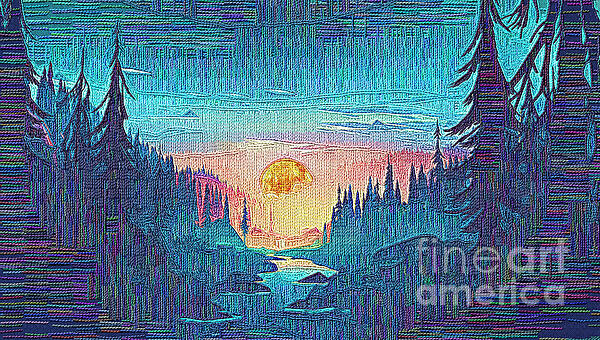 Stunning Sunset Beauty in the Forest with Silhouettes of the Trees and Streamlet