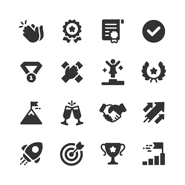 Success and Awards Glyph Icons. Pixel Perfect. For Mobile and Web. Contains such icons as Applause, Medal, Badge, Winning, Rocket, Trophy. Drawing by Rambo182