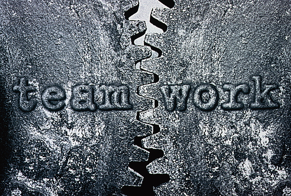 Two cogs, teamwork written on surface, (B&W, Digital Composite) Photograph by Jan Franz Two cogs, teamwork written on surface, (B&W, Digital Composite) Photograph by Jan Franz