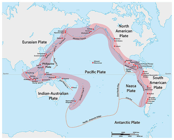 Vector map of the Pacific Ring of Fire with the main volcanoes Drawing by Rainer Lesniewski