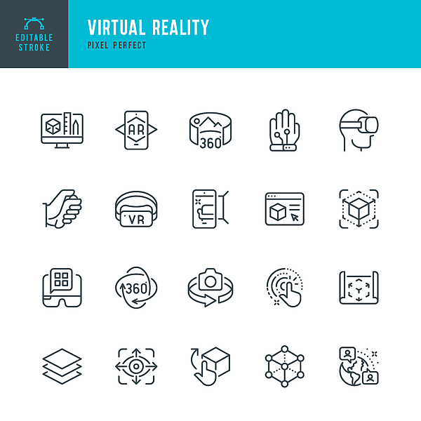 Virtual Reality - thin line vector icon set. Pixel perfect. Editable stroke. The set contains icons: Virtual Reality, Augmented Reality, Smart Glasses, Interactivity, Metaverse, 360-Degree View. Drawing by Fonikum