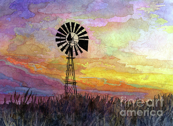Sunset Painting - Windmill Sunset 5 - pastel colors by Hailey E Herrera