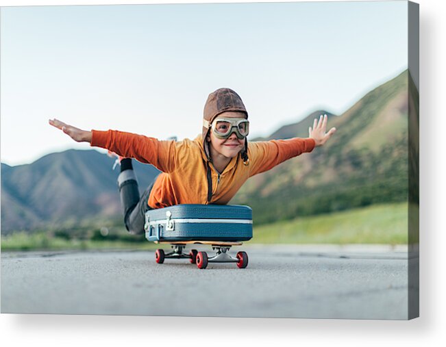 Taking Off Acrylic Print featuring the photograph Young Boy Ready to Travel with Suitcase by RichVintage