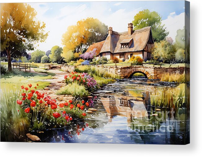 Cottage Acrylic Print featuring the painting 4d watercolour sketch of a thatched Cotswolds by Asar Studios #1 by Celestial Images