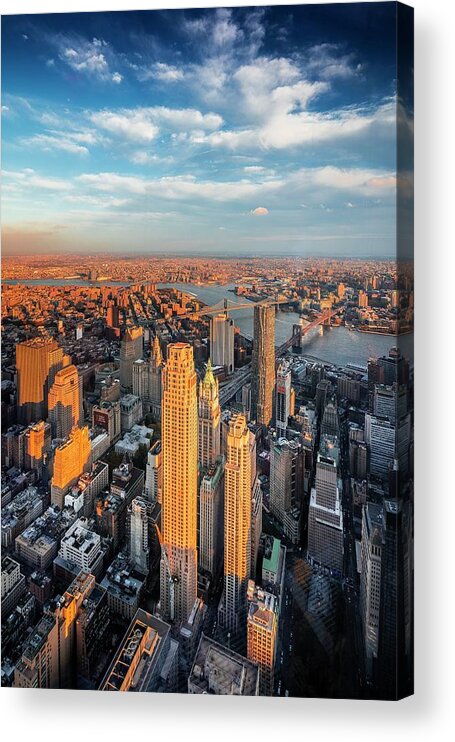 Estock Acrylic Print featuring the digital art Nyc, East River, Lower Manhattan, 1 World Trade Center, Freedom Tower, View From The Freedom Tower Observatory Deck, 1 World Observatory, Beekman Tower, Chase Manhattan, Trump Building, Brooklyn & Manhattan Bridges by Antonino Bartuccio