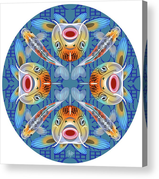 Koi Acrylic Print featuring the digital art Shusui Koi Face Blue Mandala by Tim Phelps