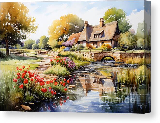 Cottage Canvas Print featuring the painting 4d watercolour sketch of a thatched Cotswolds by Asar Studios #1 by Celestial Images