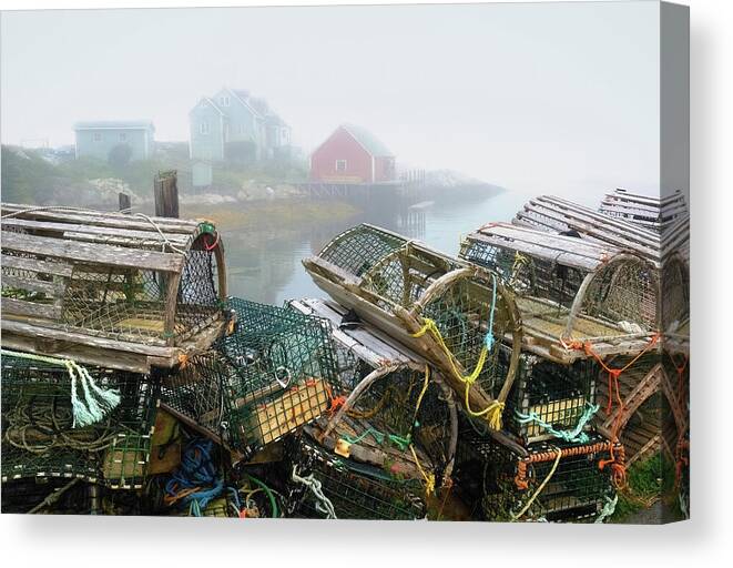 Lobster Traps Canvas Print featuring the photograph Lobster Traps and fog by Tracy Munson