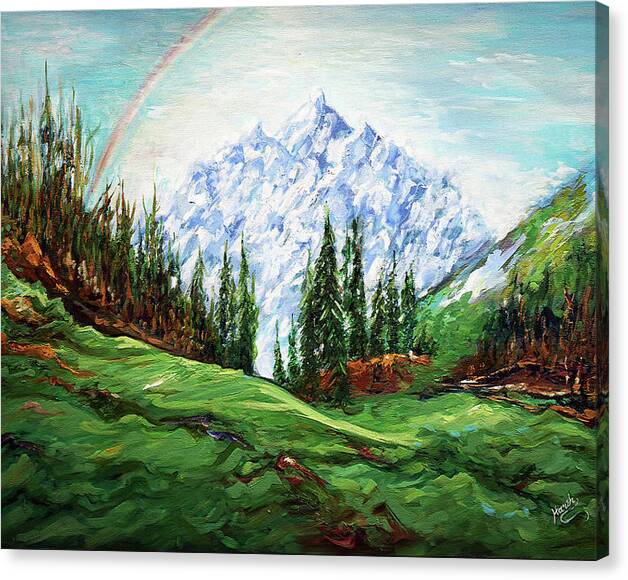 Limited Time Promotion: Rainbow Over The Snow Covered Mountain Stretched Canvas Print by Harsh Malik