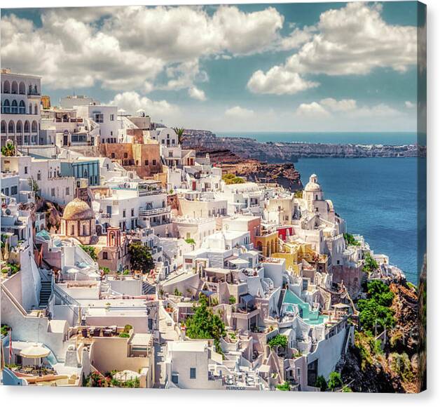 Limited Time Promotion: Thera - Fira City On Santorini - Greece Stretched Canvas Print by Stefano Senise