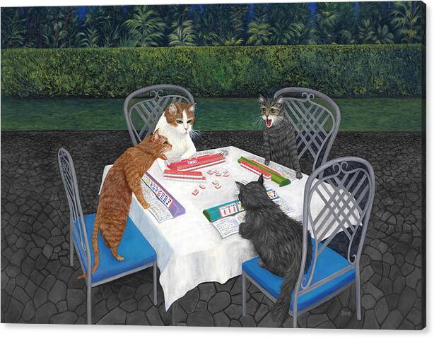 Limited Time Promotion: Meowjongg - Cats Playing Mahjongg Stretched Canvas Print by Karen Zuk Rosenblatt