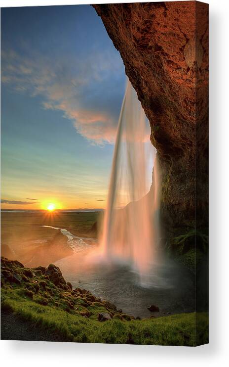 Landscape Canvas Print featuring the photograph Sunset at Seljalandsfoss by Peter OReilly