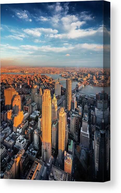 Estock Canvas Print featuring the digital art Nyc, East River, Lower Manhattan, 1 World Trade Center, Freedom Tower, View From The Freedom Tower Observatory Deck, 1 World Observatory, Beekman Tower, Chase Manhattan, Trump Building, Brooklyn & Manhattan Bridges by Antonino Bartuccio