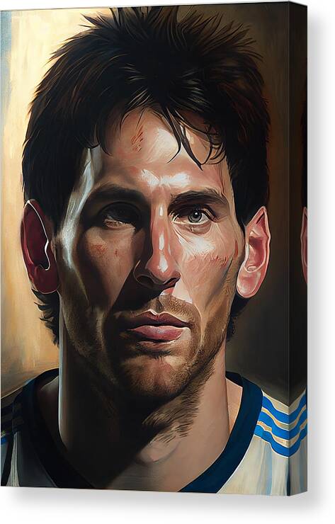 Footbal Star Lionel Messi Masterful Photoreal Art Canvas Print featuring the painting Footbal Star Lionel Messi masterful photoreal by Asar Studios #2 by Celestial Images