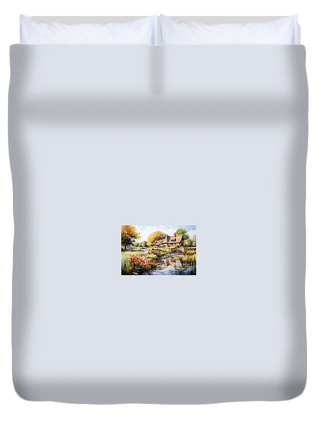 Cottage Duvet Cover featuring the painting 4d watercolour sketch of a thatched Cotswolds by Asar Studios #1 by Celestial Images