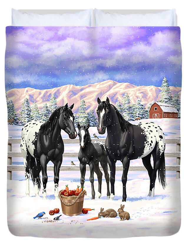 Horses Duvet Cover featuring the painting Black Appaloosa Horses In Snow by Crista Forest