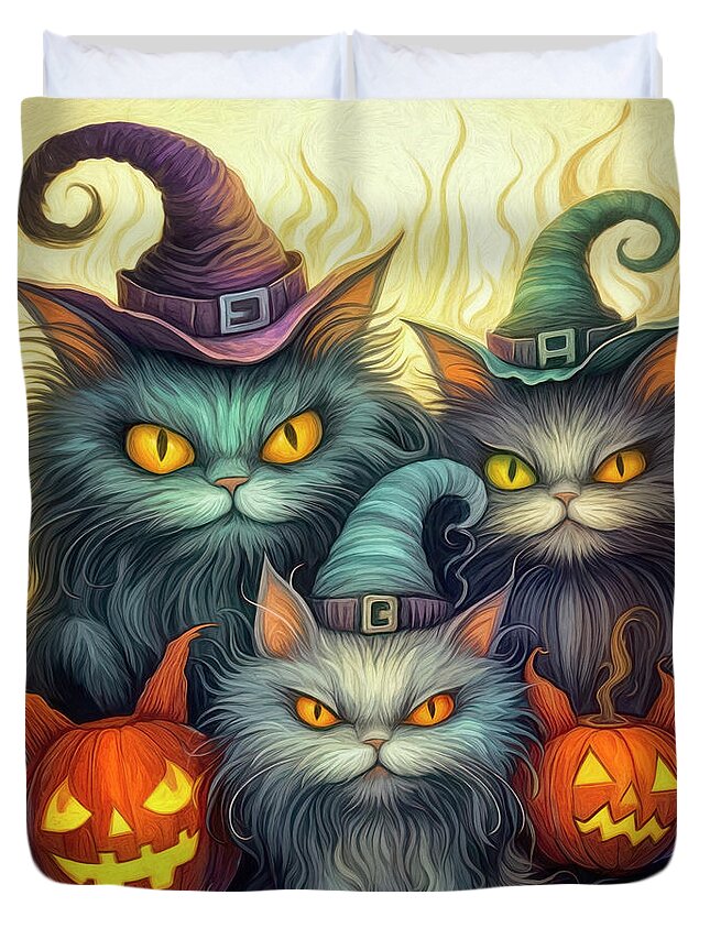 Digital Duvet Cover featuring the digital art Halloween Cat Monsters by Jutta Maria Pusl