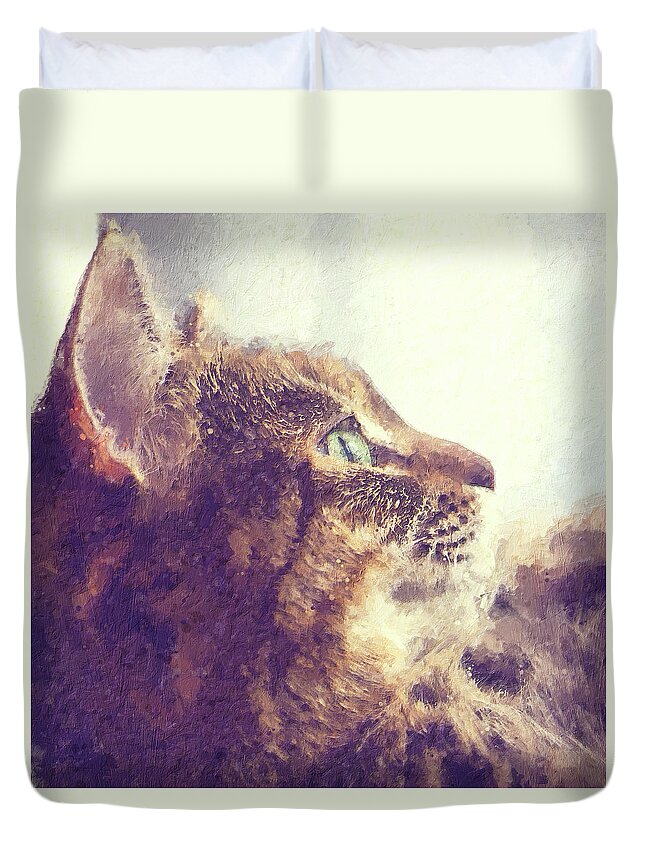 Tabby Duvet Cover featuring the painting Happy tabby cat basking in the sun by Custom Pet Portrait Art Studio