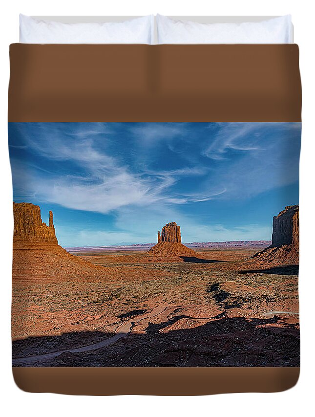 © 2017 Lou Novick All Rights Reversed Duvet Cover featuring the photograph The Mittens and Merrick Butte by Lou Novick