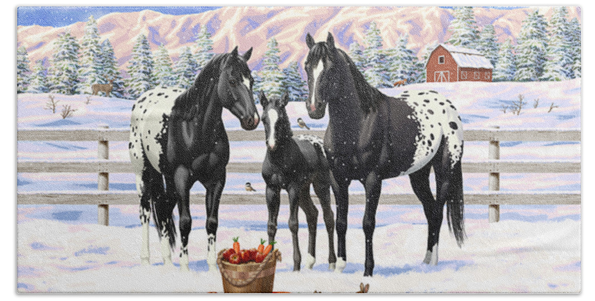 Horses Bath Towel featuring the painting Black Appaloosa Horses In Snow by Crista Forest
