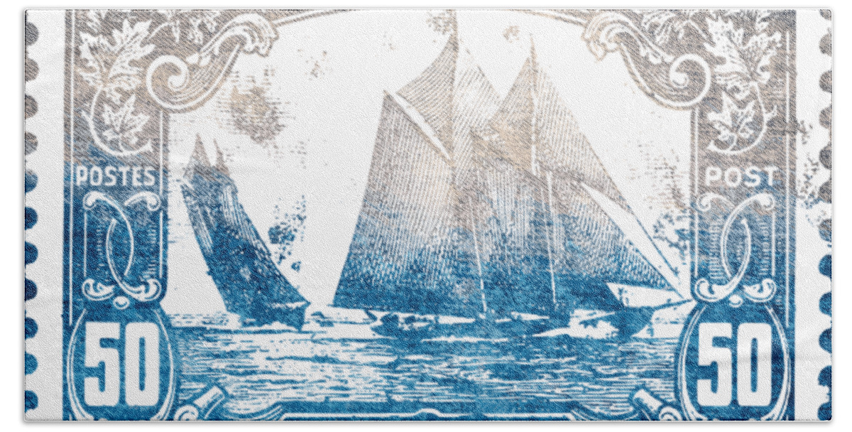 Bluenose Hand Towel featuring the drawing Classic Bluenose Canadian stamp by Mounir Khalfouf